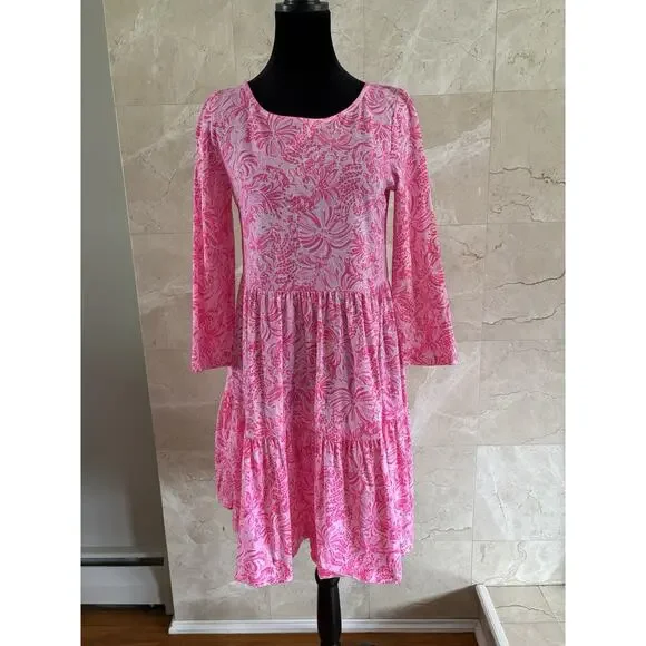 Lilly Pulitzer Geanna Swing Dress — S Pink Blossom Foxy Llama 3/4 Sleeve Tiered - Picture 2 of 10